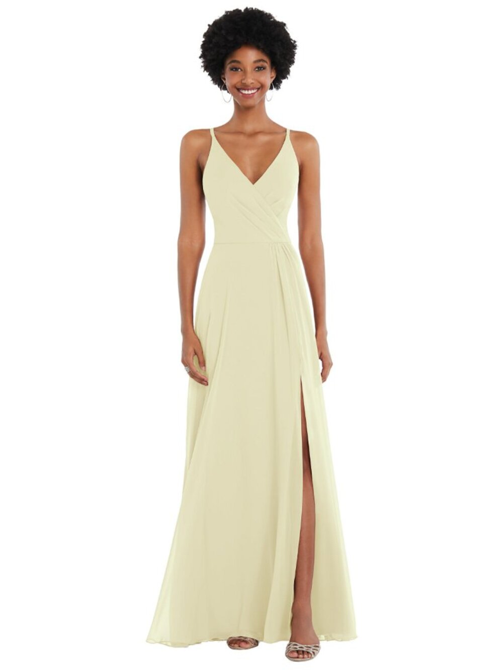 Dessy Pale Yellow Long Chiffon Bridesmaid Formal Dress Slit Criss-cross Back